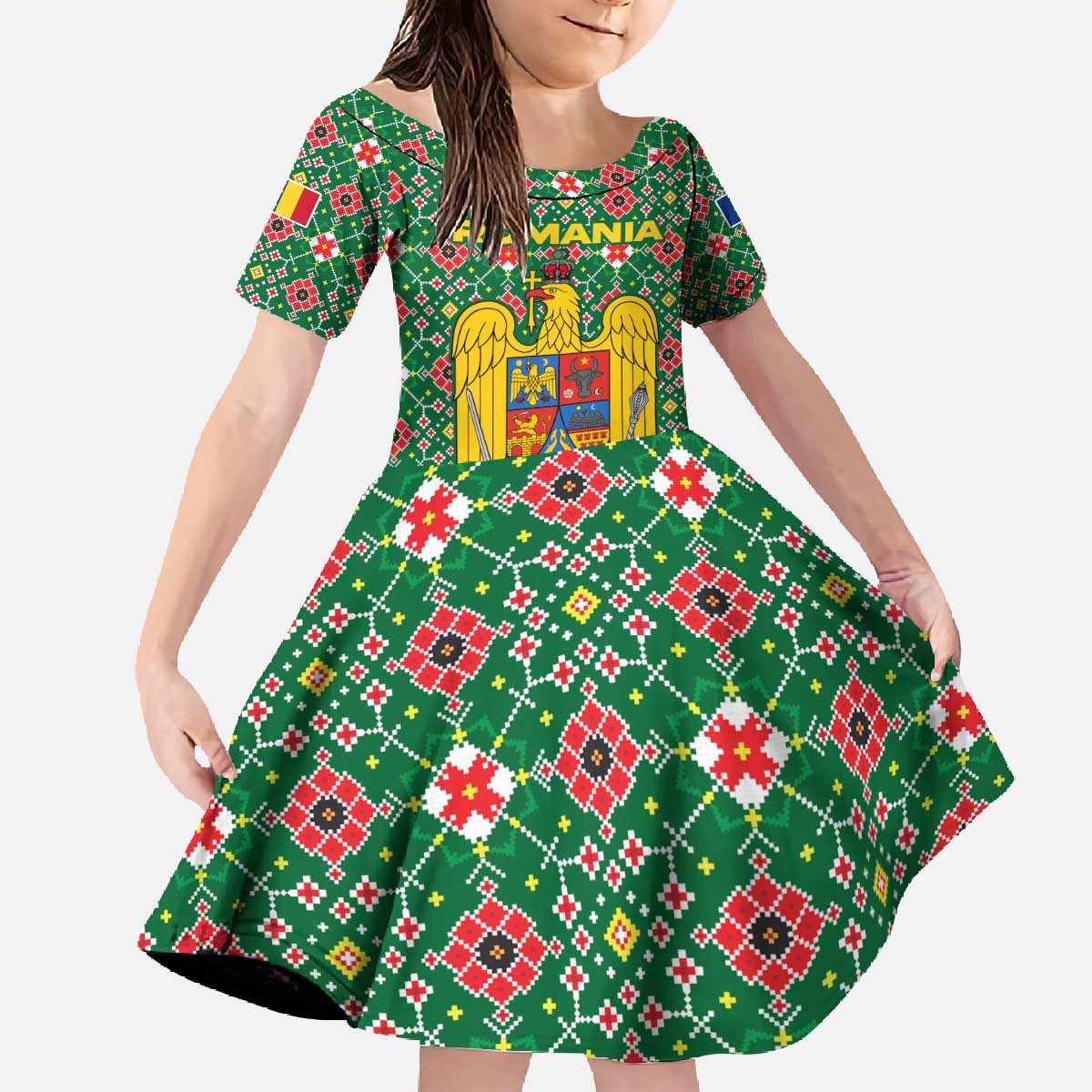 Romania Christmas Family Matching Off The Shoulder Long Sleeve Dress and Hawaiian Shirt with Green and Red Pattern Golden Eagle and Santa Motif - Wonder Print Shop