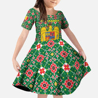 Romania Christmas Family Matching Off The Shoulder Long Sleeve Dress and Hawaiian Shirt with Green and Red Pattern Golden Eagle and Santa Motif - Wonder Print Shop