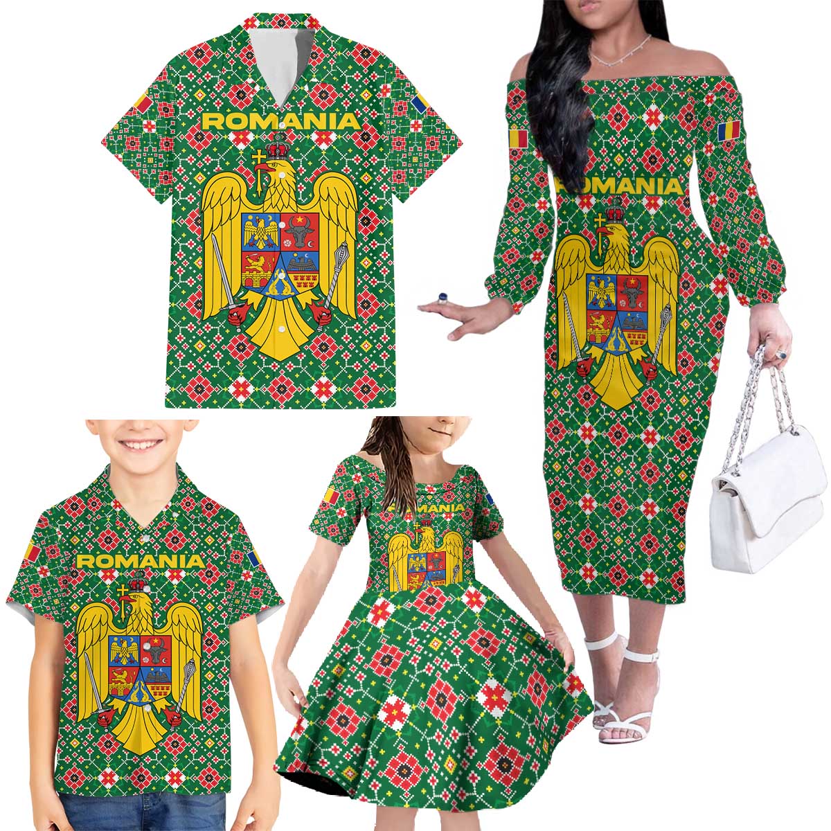 Romania Christmas Family Matching Off The Shoulder Long Sleeve Dress and Hawaiian Shirt with Green and Red Pattern Golden Eagle and Santa Motif - Wonder Print Shop