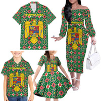 Romania Christmas Family Matching Off The Shoulder Long Sleeve Dress and Hawaiian Shirt with Green and Red Pattern Golden Eagle and Santa Motif - Wonder Print Shop