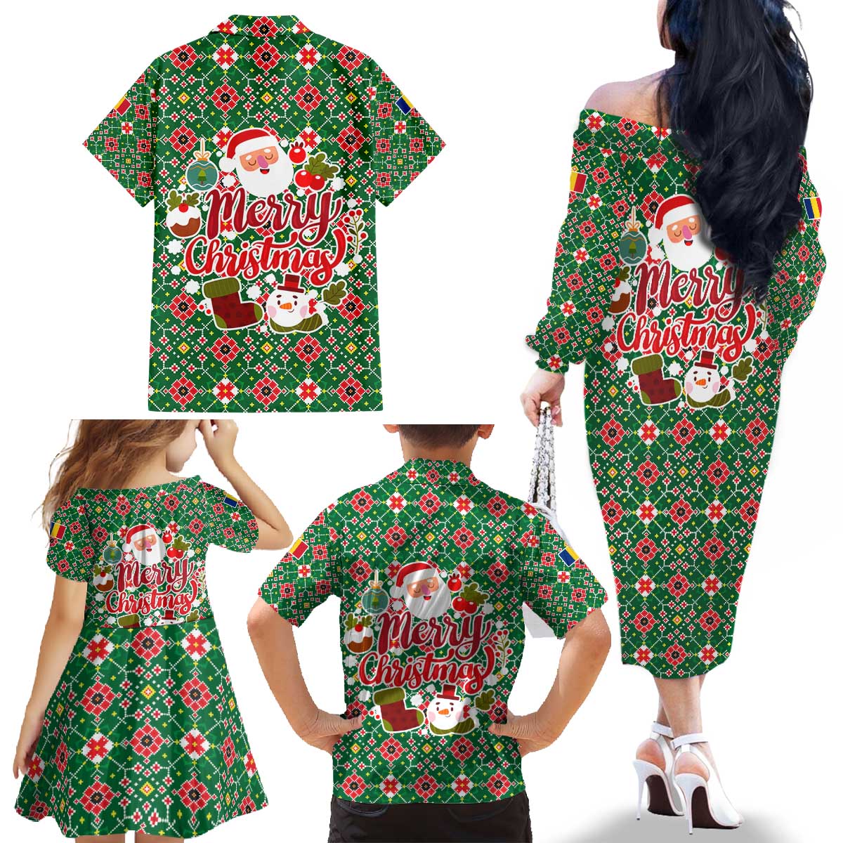 Romania Christmas Family Matching Off The Shoulder Long Sleeve Dress and Hawaiian Shirt with Green and Red Pattern Golden Eagle and Santa Motif - Wonder Print Shop