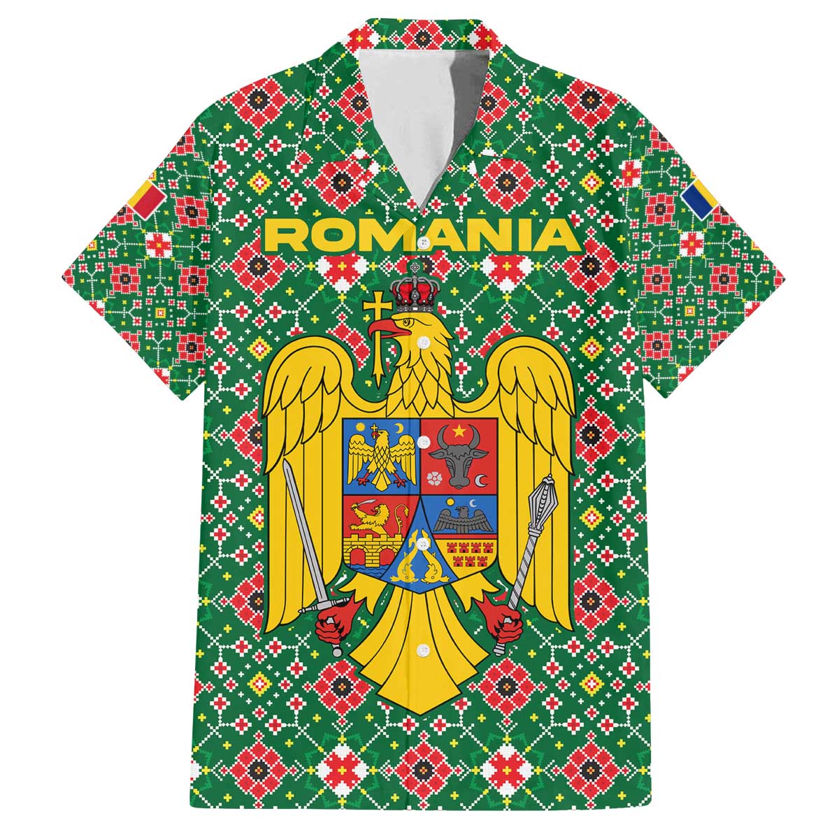 Romania Christmas Family Matching Off The Shoulder Long Sleeve Dress and Hawaiian Shirt with Green and Red Pattern Golden Eagle and Santa Motif - Wonder Print Shop