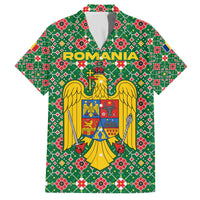 Romania Christmas Family Matching Off The Shoulder Long Sleeve Dress and Hawaiian Shirt with Green and Red Pattern Golden Eagle and Santa Motif - Wonder Print Shop