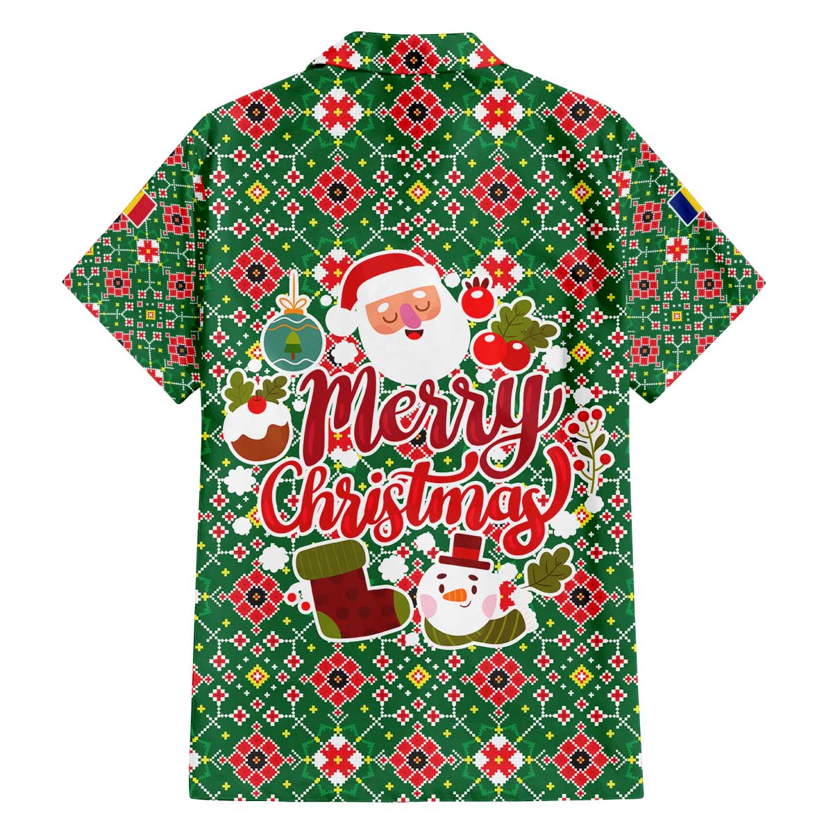 Romania Christmas Family Matching Off The Shoulder Long Sleeve Dress and Hawaiian Shirt with Green and Red Pattern Golden Eagle and Santa Motif - Wonder Print Shop