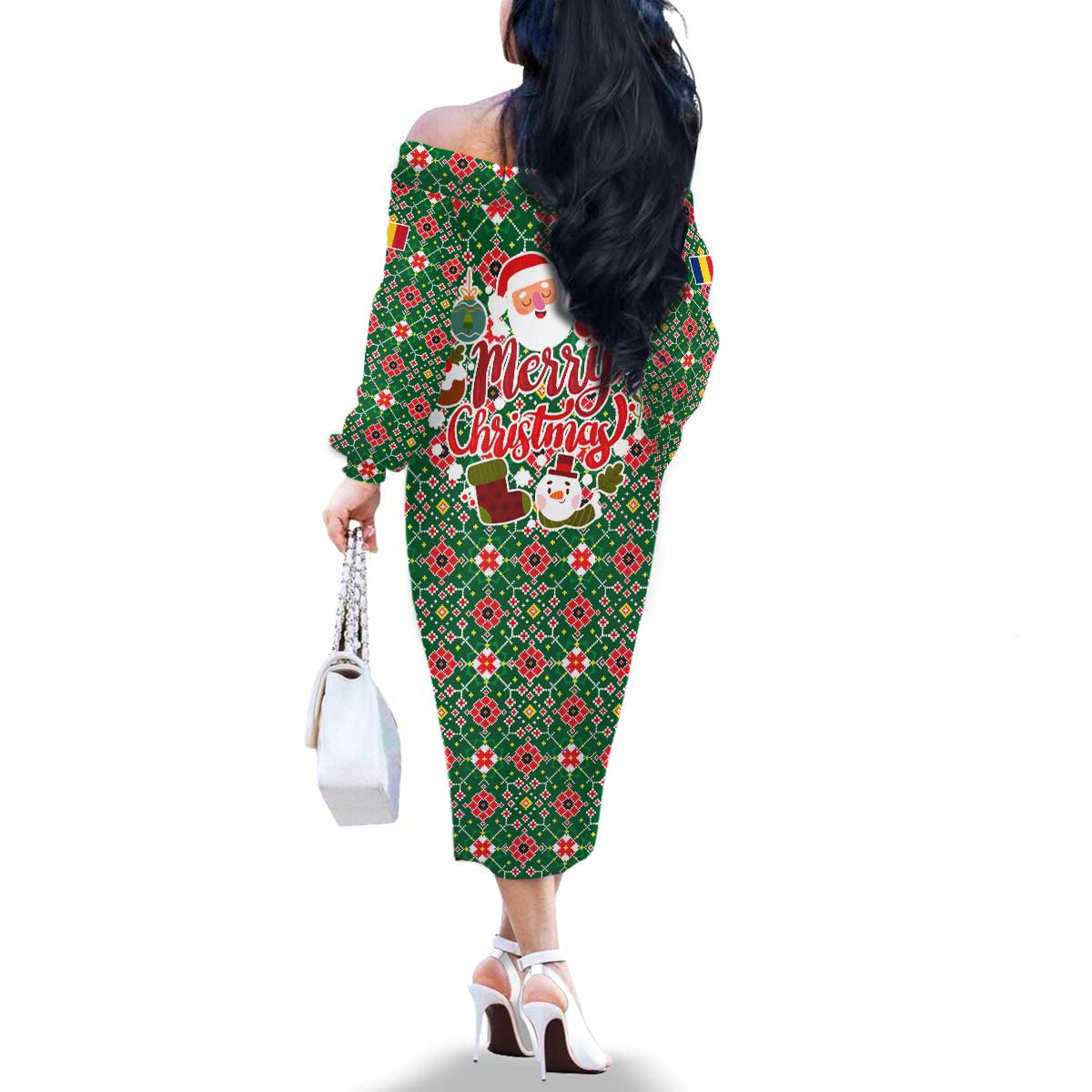 Romania Christmas Family Matching Off The Shoulder Long Sleeve Dress and Hawaiian Shirt with Green and Red Pattern Golden Eagle and Santa Motif - Wonder Print Shop