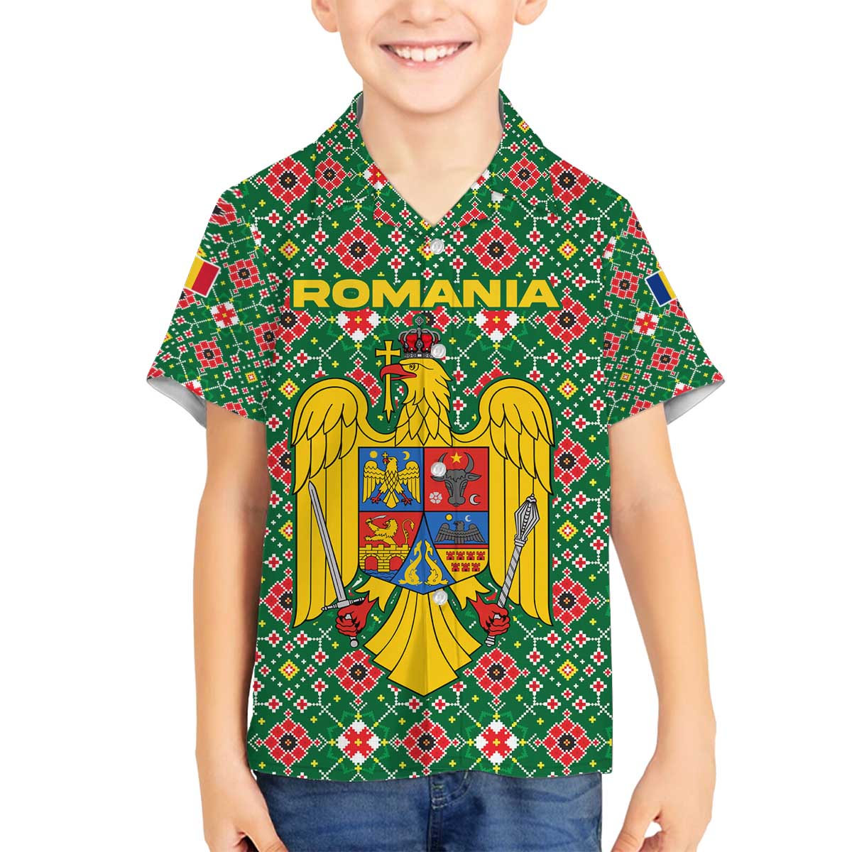 Romania Christmas Family Matching Off The Shoulder Long Sleeve Dress and Hawaiian Shirt with Green and Red Pattern Golden Eagle and Santa Motif - Wonder Print Shop