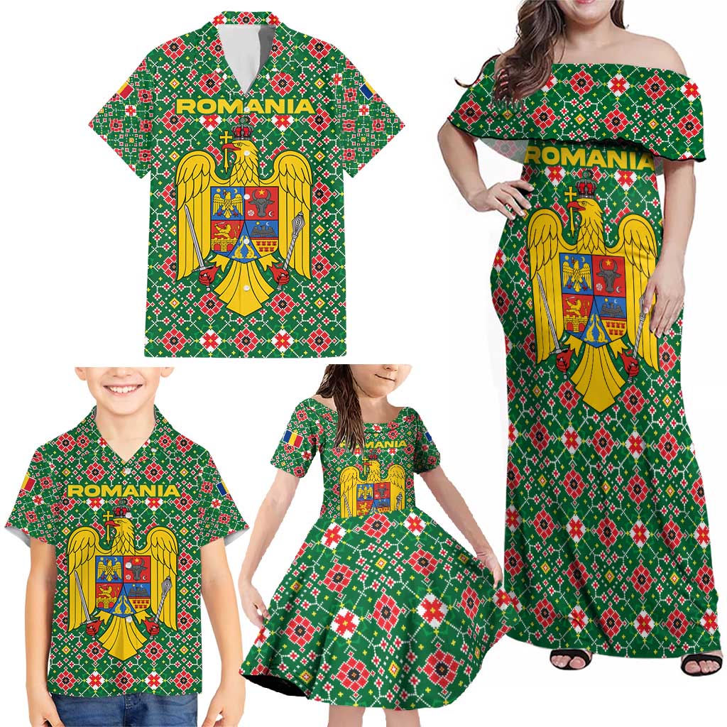 Romania Christmas Family Matching Off Shoulder Maxi Dress and Hawaiian Shirt with Green and Red Pattern Golden Eagle and Santa Motif - Wonder Print Shop