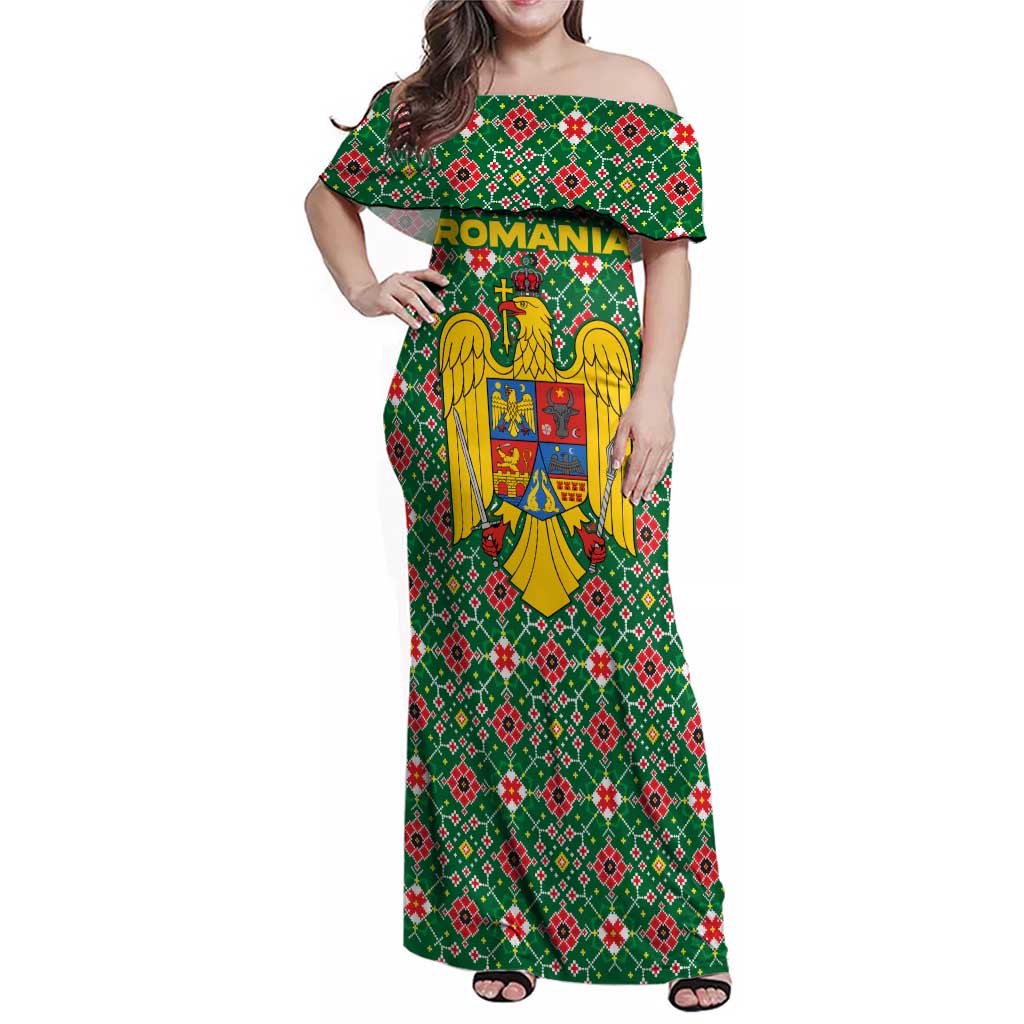Romania Christmas Family Matching Off Shoulder Maxi Dress and Hawaiian Shirt with Green and Red Pattern Golden Eagle and Santa Motif - Wonder Print Shop