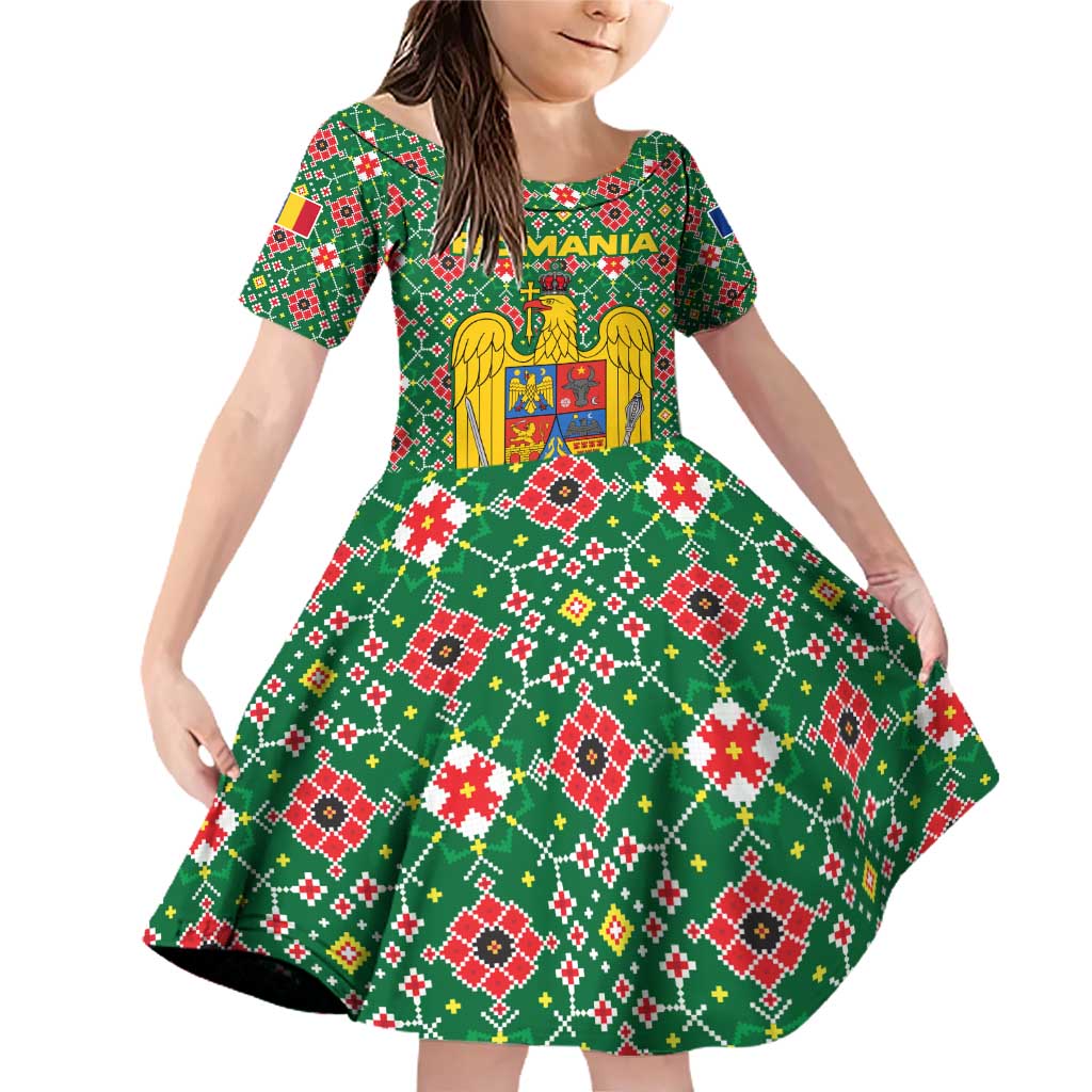 Romania Christmas Family Matching Off Shoulder Short Dress and Hawaiian Shirt with Green and Red Pattern Golden Eagle and Santa Motif - Wonder Print Shop