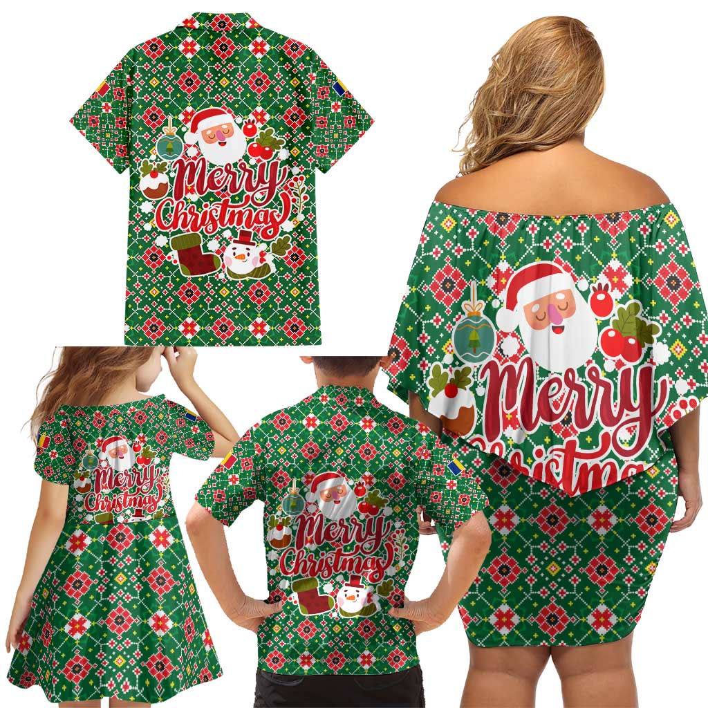 Romania Christmas Family Matching Off Shoulder Short Dress and Hawaiian Shirt with Green and Red Pattern Golden Eagle and Santa Motif - Wonder Print Shop