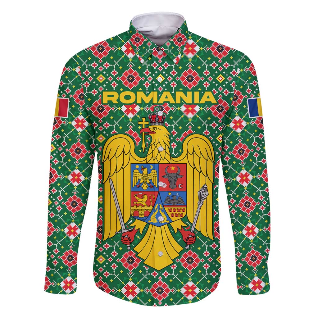 Romania Christmas Family Matching Off Shoulder Short Dress and Hawaiian Shirt with Green and Red Pattern Golden Eagle and Santa Motif - Wonder Print Shop