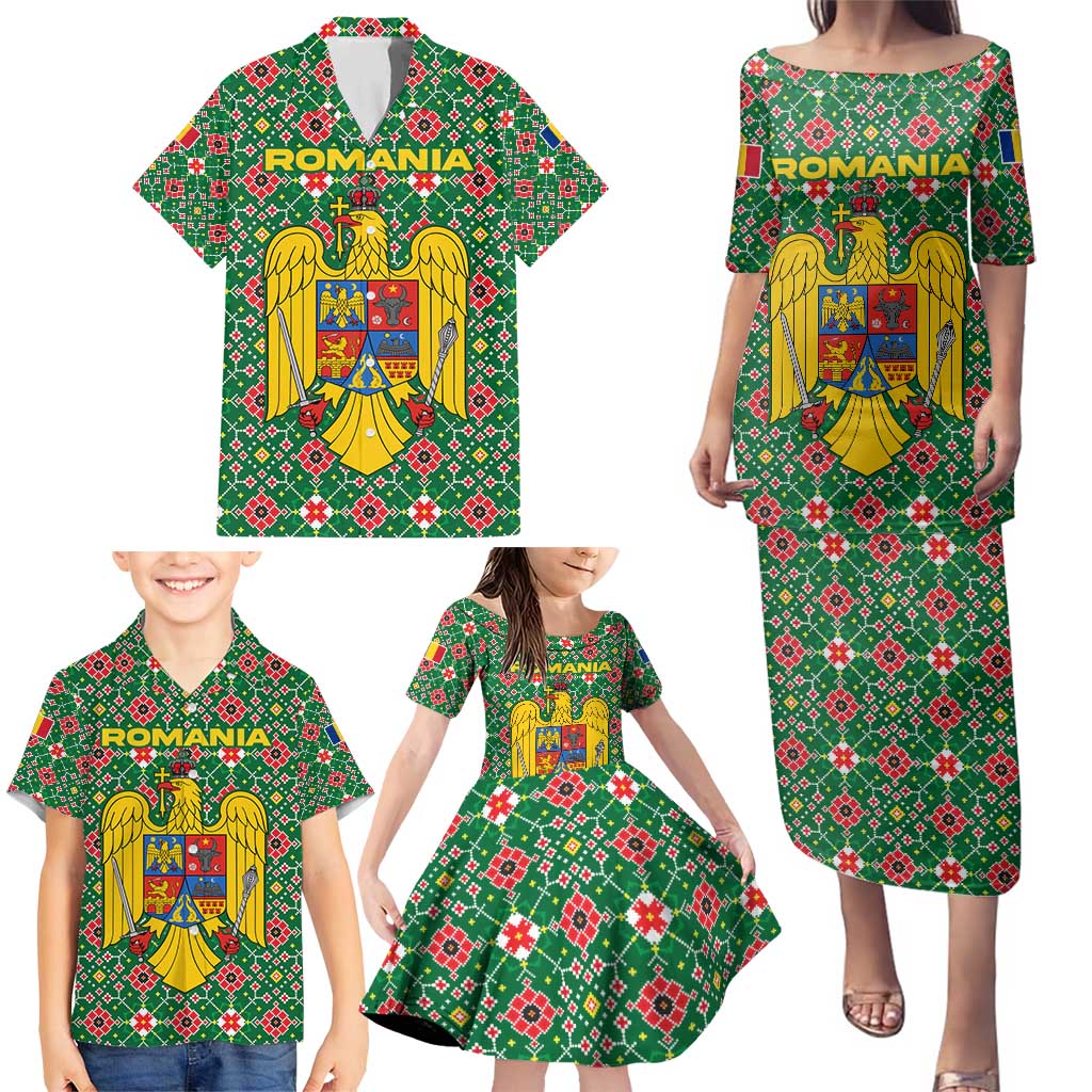 Romania Christmas Family Matching Puletasi and Hawaiian Shirt with Green and Red Pattern Golden Eagle and Santa Motif - Wonder Print Shop