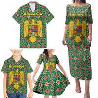 Romania Christmas Family Matching Puletasi and Hawaiian Shirt with Green and Red Pattern Golden Eagle and Santa Motif - Wonder Print Shop