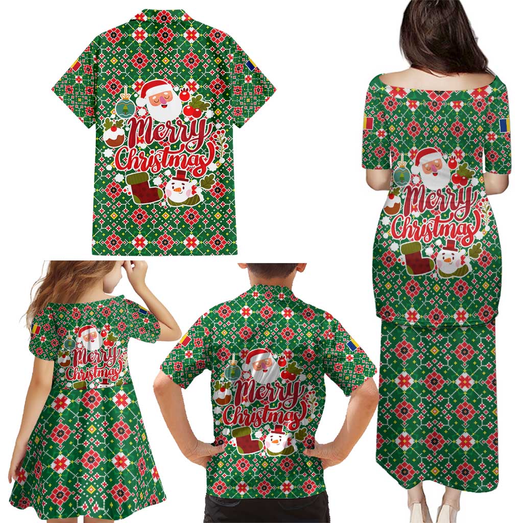 Romania Christmas Family Matching Puletasi and Hawaiian Shirt with Green and Red Pattern Golden Eagle and Santa Motif - Wonder Print Shop