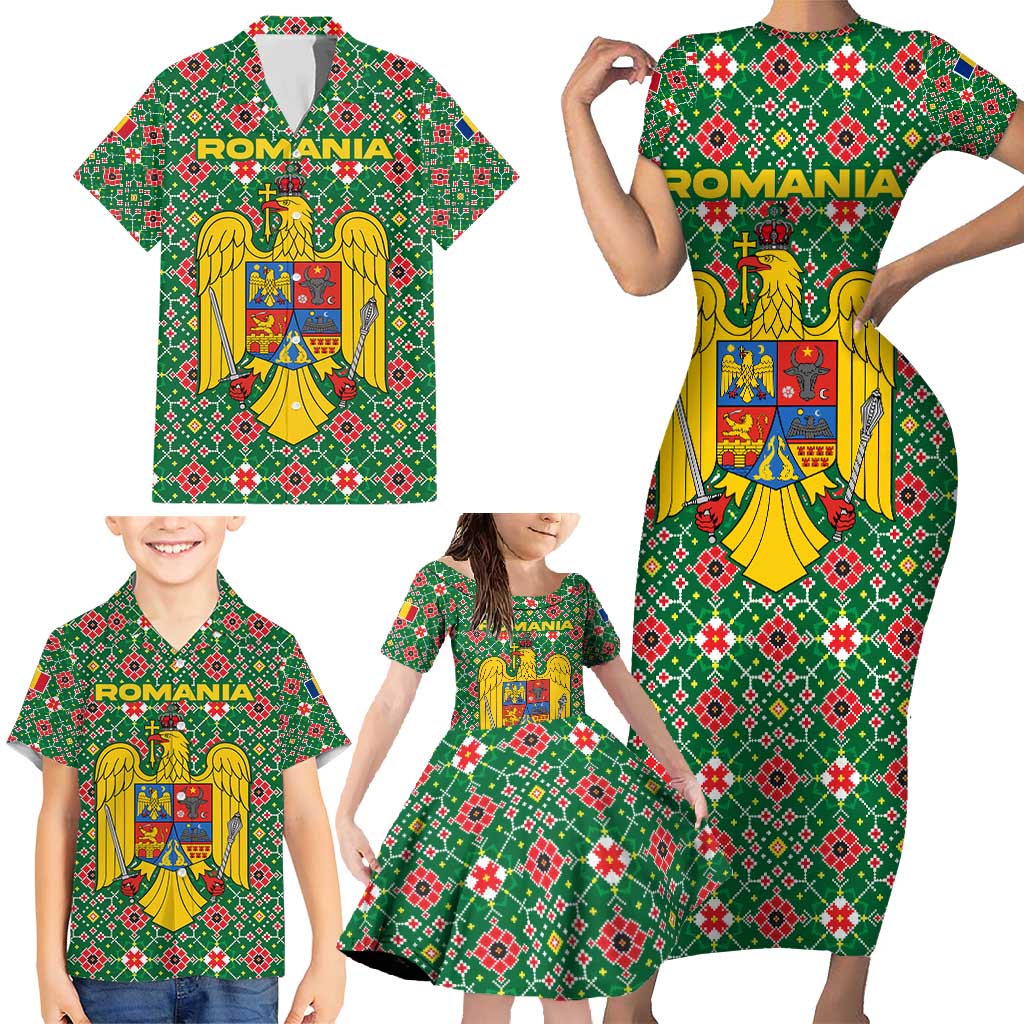 Romania Christmas Family Matching Short Sleeve Bodycon Dress and Hawaiian Shirt with Green and Red Pattern Golden Eagle and Santa Motif - Wonder Print Shop