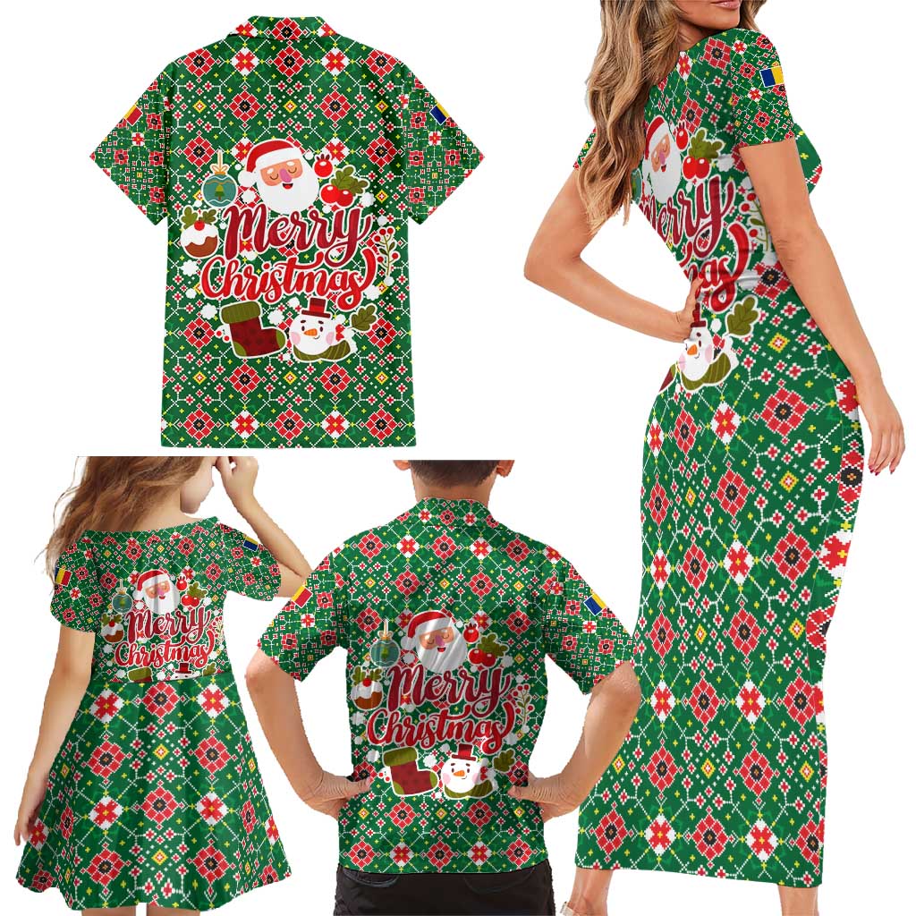 Romania Christmas Family Matching Short Sleeve Bodycon Dress and Hawaiian Shirt with Green and Red Pattern Golden Eagle and Santa Motif - Wonder Print Shop
