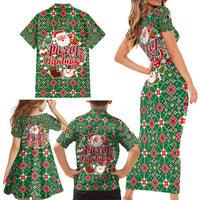 Romania Christmas Family Matching Short Sleeve Bodycon Dress and Hawaiian Shirt with Green and Red Pattern Golden Eagle and Santa Motif - Wonder Print Shop
