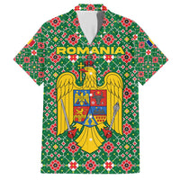 Romania Christmas Family Matching Short Sleeve Bodycon Dress and Hawaiian Shirt with Green and Red Pattern Golden Eagle and Santa Motif - Wonder Print Shop