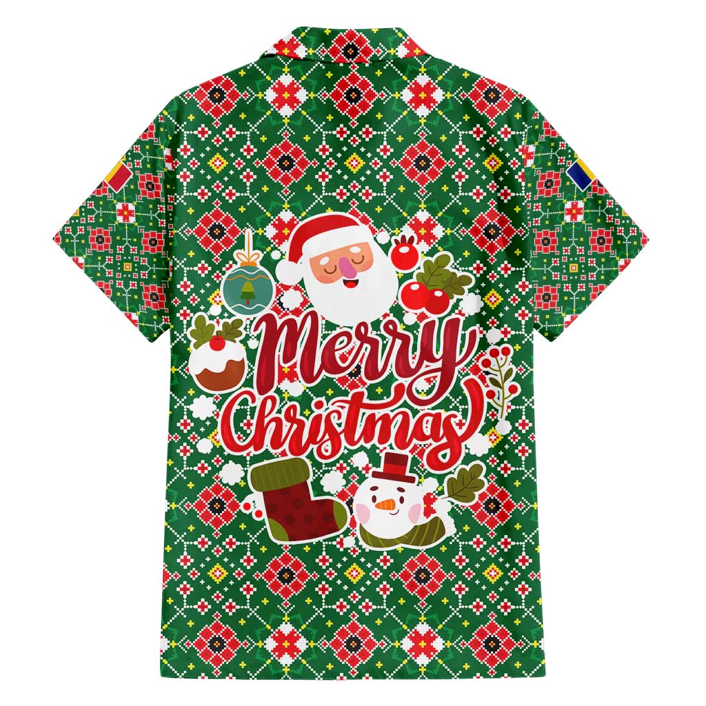 Romania Christmas Family Matching Short Sleeve Bodycon Dress and Hawaiian Shirt with Green and Red Pattern Golden Eagle and Santa Motif - Wonder Print Shop