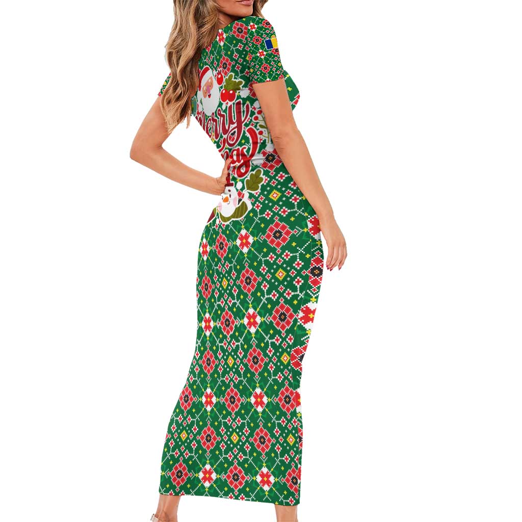 Romania Christmas Family Matching Short Sleeve Bodycon Dress and Hawaiian Shirt with Green and Red Pattern Golden Eagle and Santa Motif - Wonder Print Shop