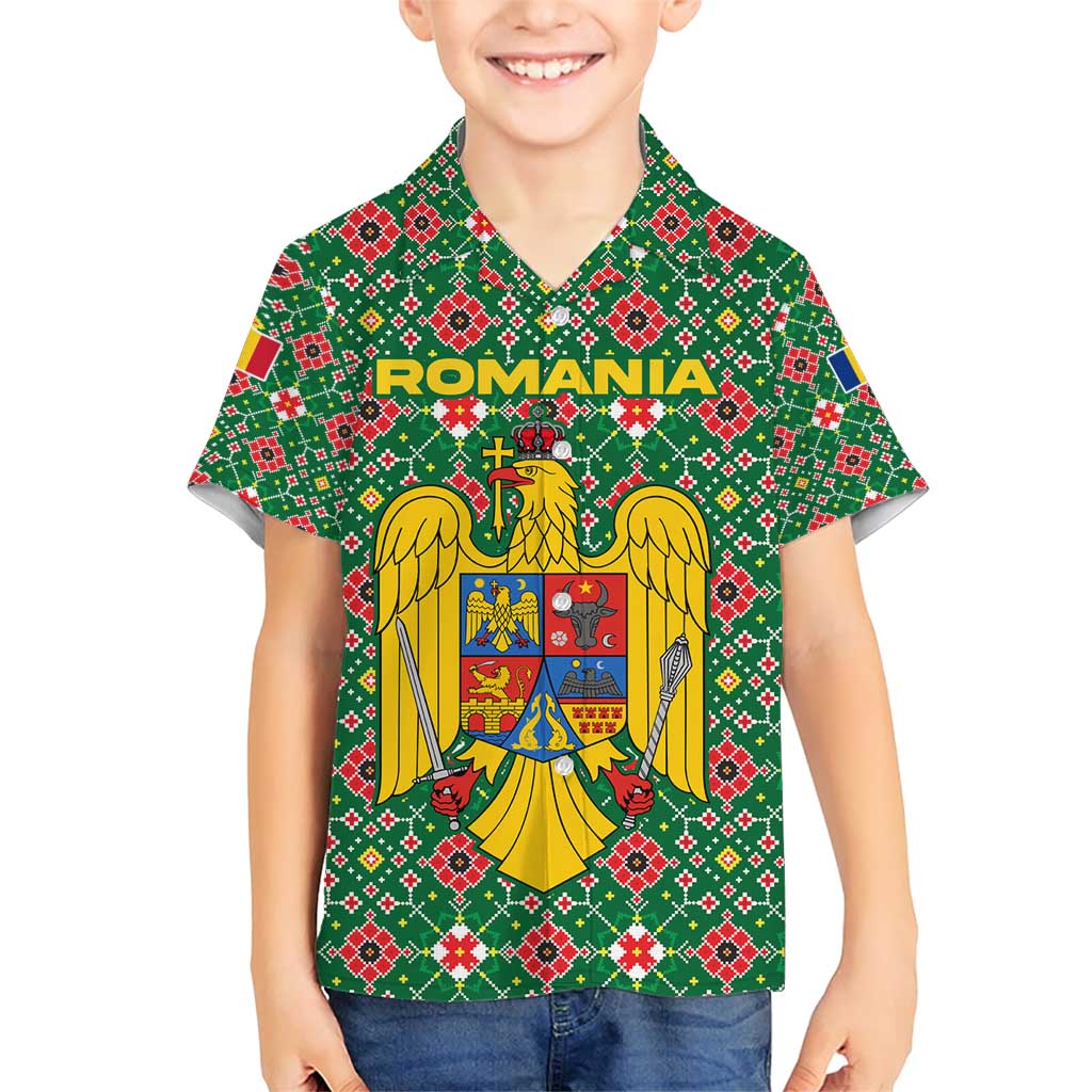 Romania Christmas Family Matching Short Sleeve Bodycon Dress and Hawaiian Shirt with Green and Red Pattern Golden Eagle and Santa Motif - Wonder Print Shop
