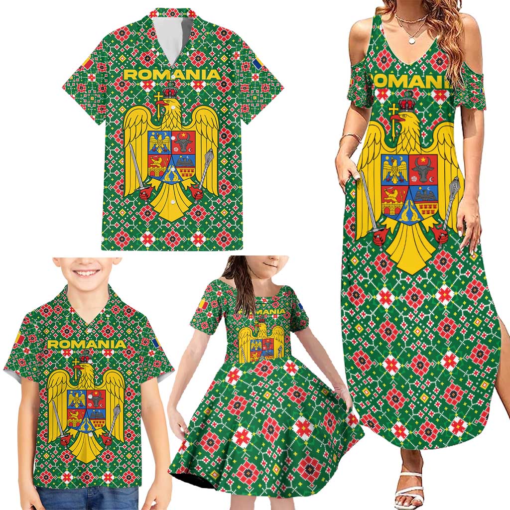 Romania Christmas Family Matching Summer Maxi Dress and Hawaiian Shirt with Green and Red Pattern Golden Eagle and Santa Motif - Wonder Print Shop