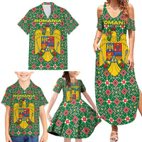Romania Christmas Family Matching Summer Maxi Dress and Hawaiian Shirt with Green and Red Pattern Golden Eagle and Santa Motif - Wonder Print Shop