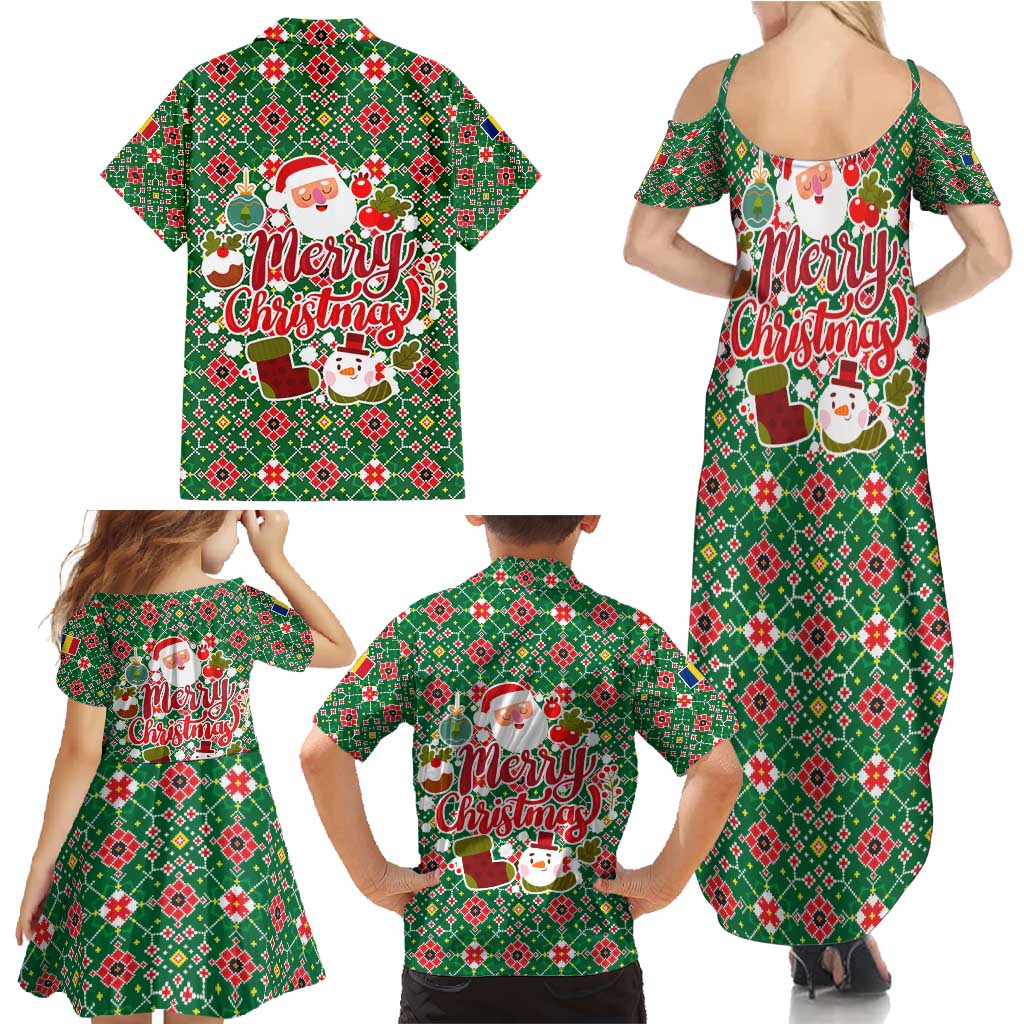 Romania Christmas Family Matching Summer Maxi Dress and Hawaiian Shirt with Green and Red Pattern Golden Eagle and Santa Motif - Wonder Print Shop