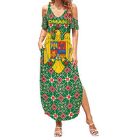 Romania Christmas Family Matching Summer Maxi Dress and Hawaiian Shirt with Green and Red Pattern Golden Eagle and Santa Motif - Wonder Print Shop