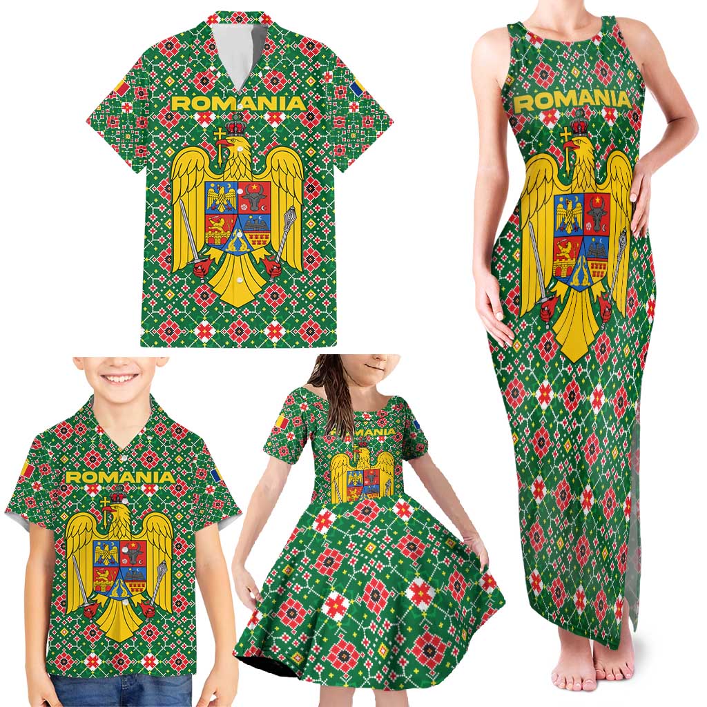 Romania Christmas Family Matching Tank Maxi Dress and Hawaiian Shirt with Green and Red Pattern Golden Eagle and Santa Motif - Wonder Print Shop