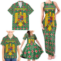 Romania Christmas Family Matching Tank Maxi Dress and Hawaiian Shirt with Green and Red Pattern Golden Eagle and Santa Motif - Wonder Print Shop