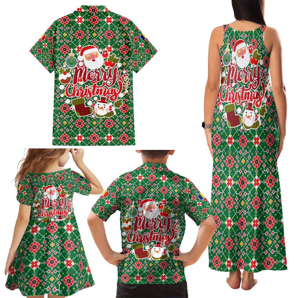 Romania Christmas Family Matching Tank Maxi Dress and Hawaiian Shirt with Green and Red Pattern Golden Eagle and Santa Motif - Wonder Print Shop