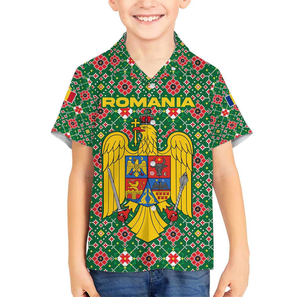 Romania Christmas Family Matching Tank Maxi Dress and Hawaiian Shirt with Green and Red Pattern Golden Eagle and Santa Motif - Wonder Print Shop