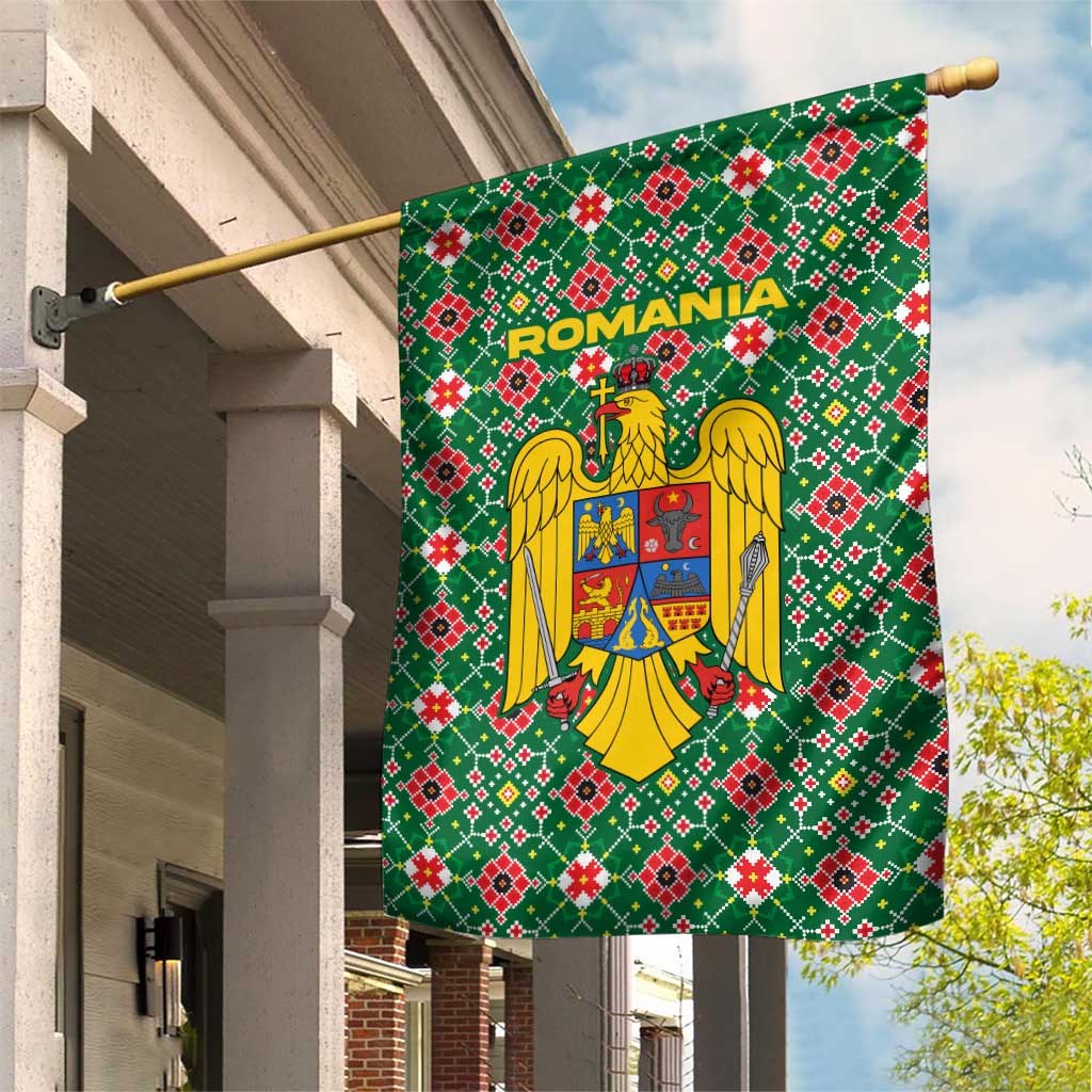 Romania Christmas Garden Flag with Green and Red Pattern Golden Eagle and Santa Motif - Wonder Print Shop