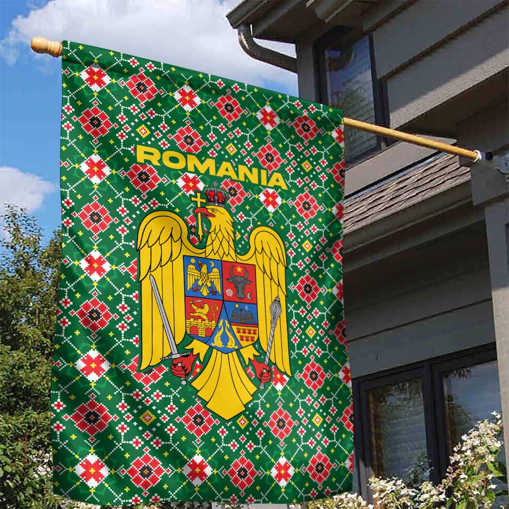 Romania Christmas Garden Flag with Green and Red Pattern Golden Eagle and Santa Motif - Wonder Print Shop