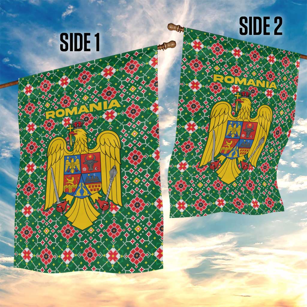 Romania Christmas Garden Flag with Green and Red Pattern Golden Eagle and Santa Motif - Wonder Print Shop