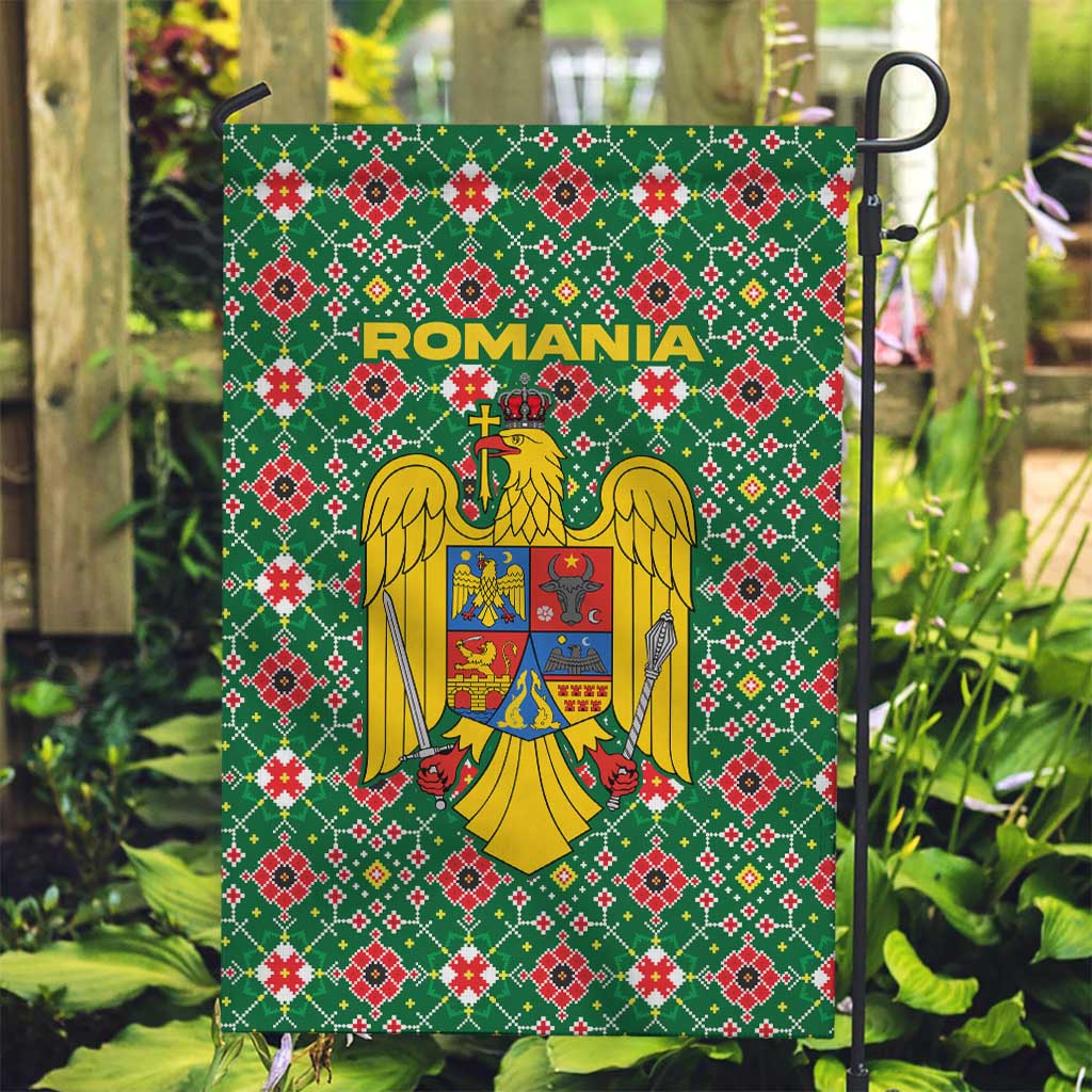 Romania Christmas Garden Flag with Green and Red Pattern Golden Eagle and Santa Motif - Wonder Print Shop