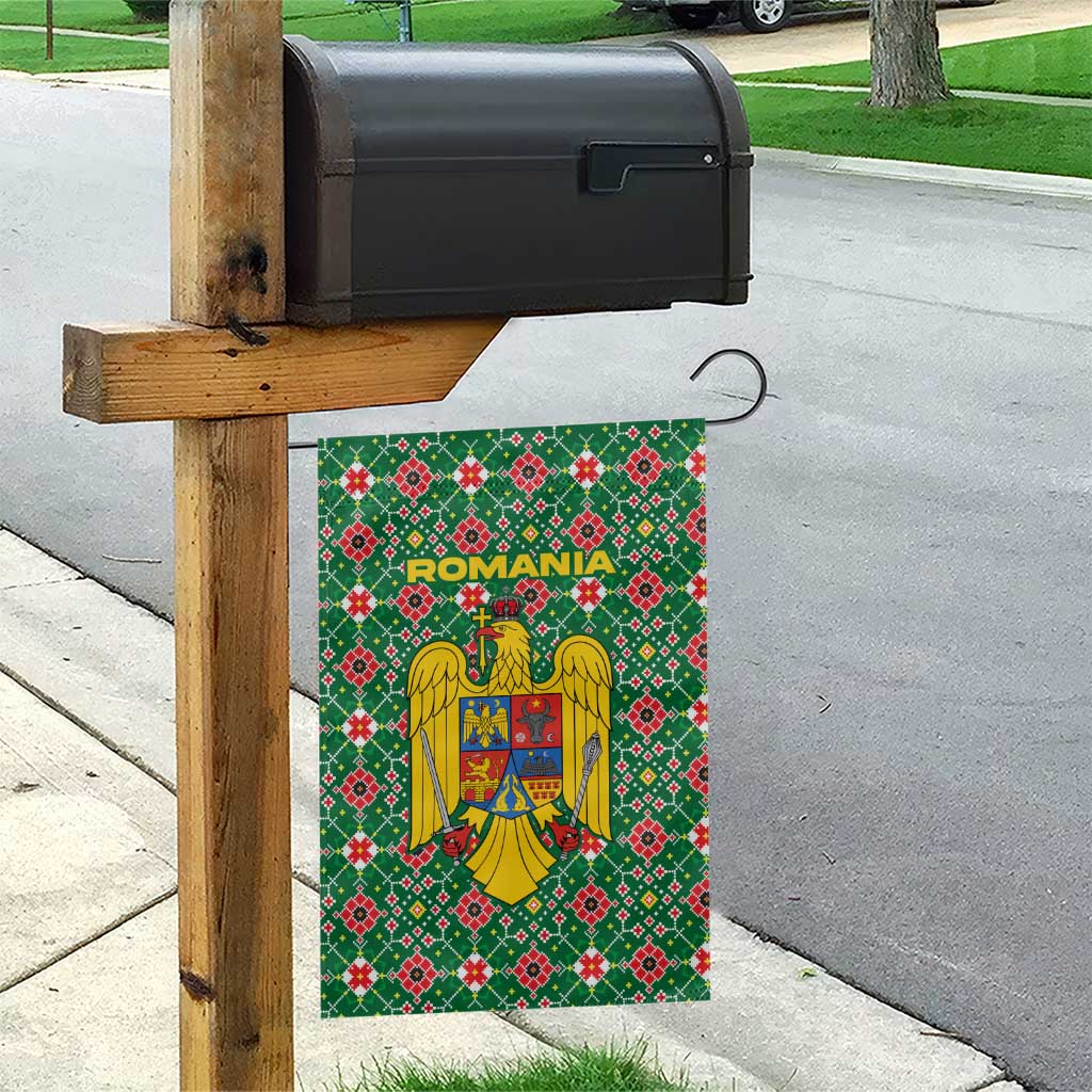 Romania Christmas Garden Flag with Green and Red Pattern Golden Eagle and Santa Motif - Wonder Print Shop