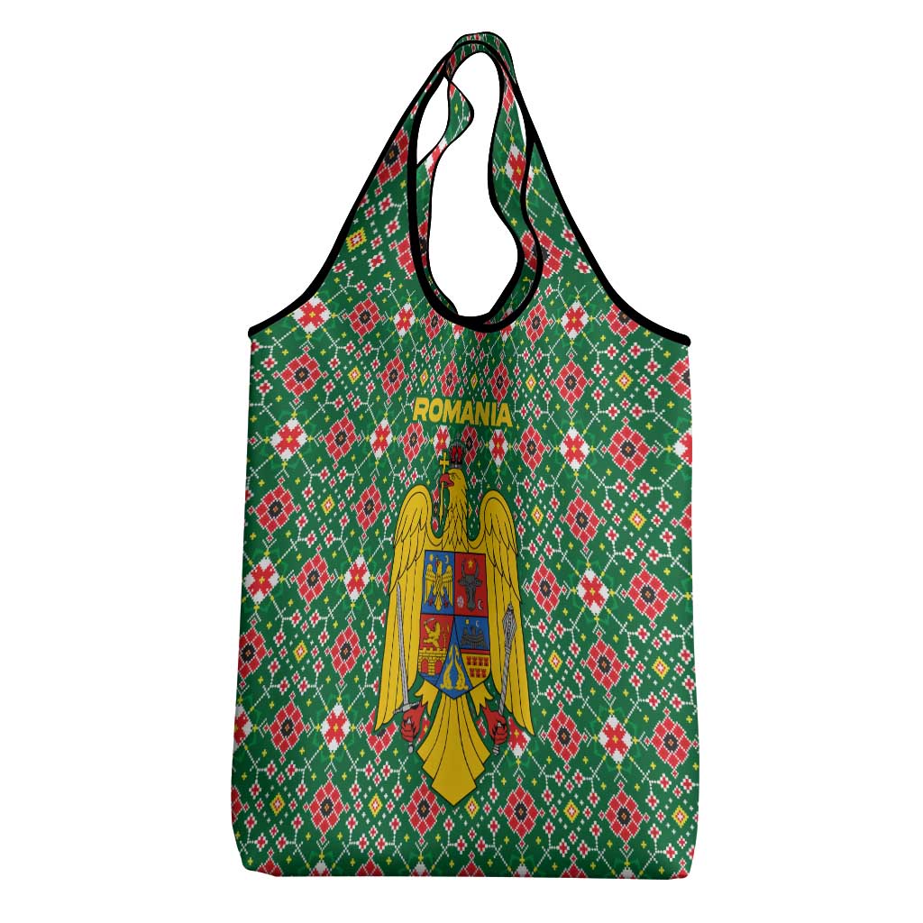 Romania Christmas Grocery Bag with Green and Red Pattern Golden Eagle and Santa Motif - Wonder Print Shop
