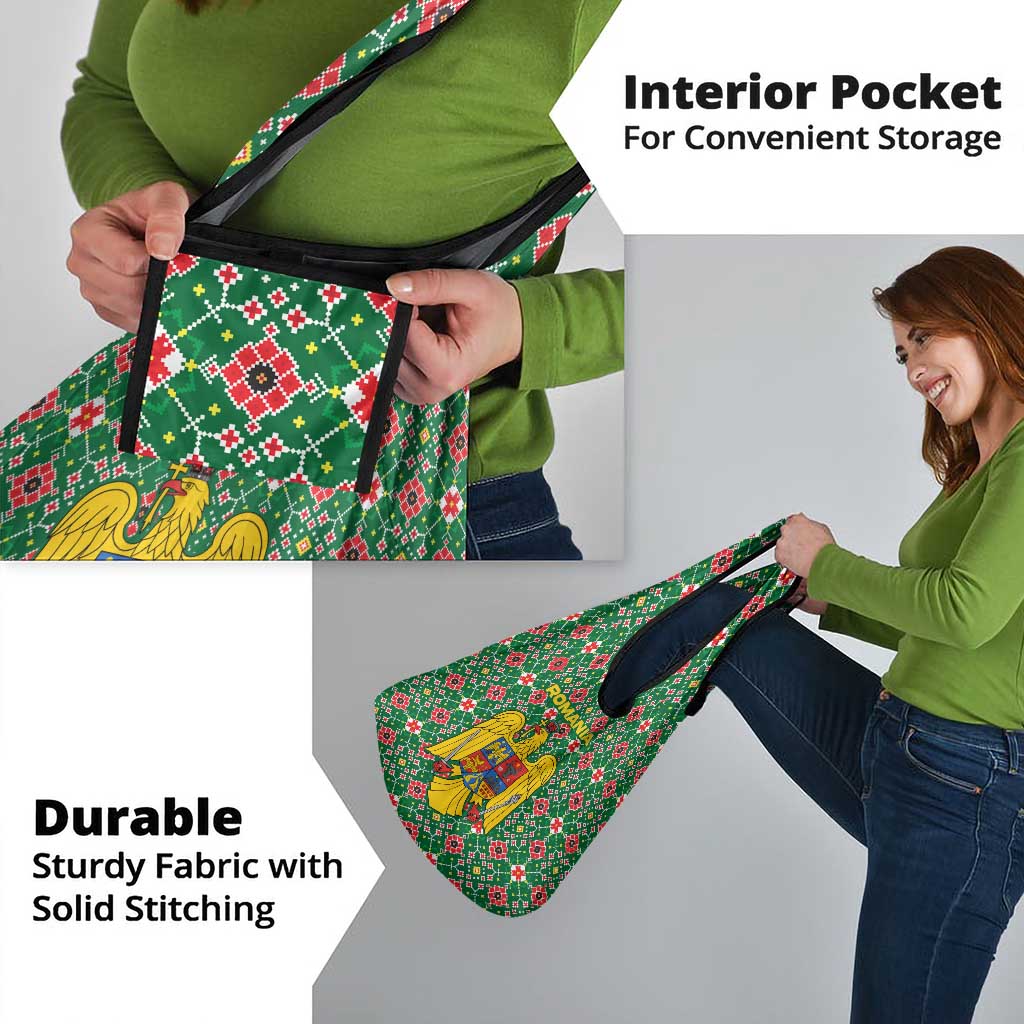 Romania Christmas Grocery Bag with Green and Red Pattern Golden Eagle and Santa Motif - Wonder Print Shop