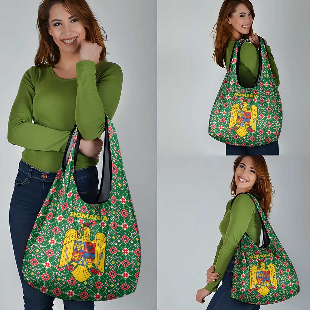 Romania Christmas Grocery Bag with Green and Red Pattern Golden Eagle and Santa Motif - Wonder Print Shop