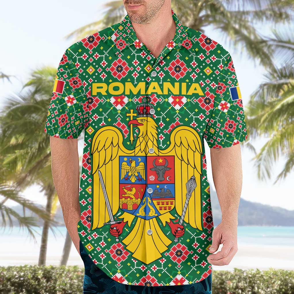 Romania Christmas Hawaiian Shirt with Green and Red Pattern Golden Eagle and Santa Motif - Wonder Print Shop
