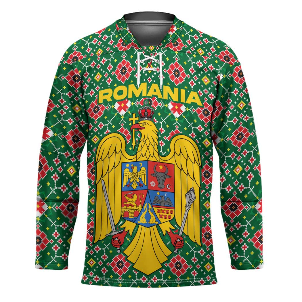 Romania Christmas Hockey Jersey with Green and Red Pattern Golden Eagle and Santa Motif - Wonder Print Shop