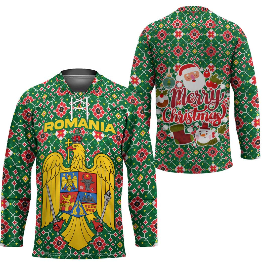 Romania Christmas Hockey Jersey with Green and Red Pattern Golden Eagle and Santa Motif - Wonder Print Shop