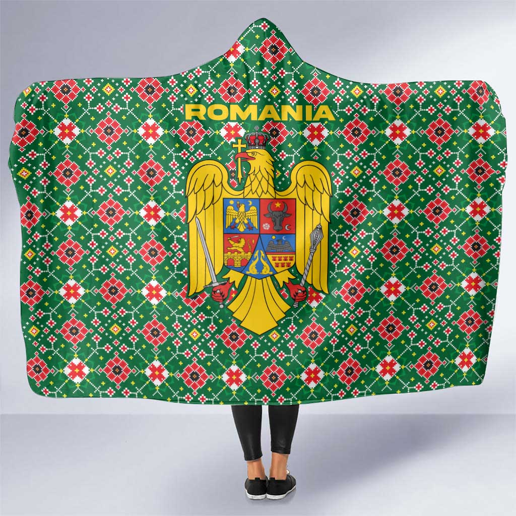 Romania Christmas Hooded Blanket with Green and Red Pattern Golden Eagle and Santa Motif - Wonder Print Shop