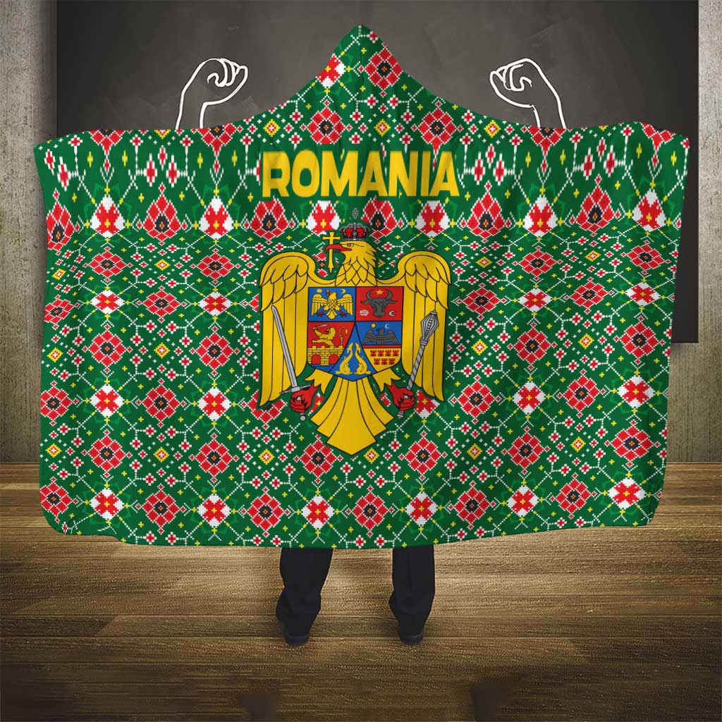 Romania Christmas Hooded Blanket with Green and Red Pattern Golden Eagle and Santa Motif - Wonder Print Shop