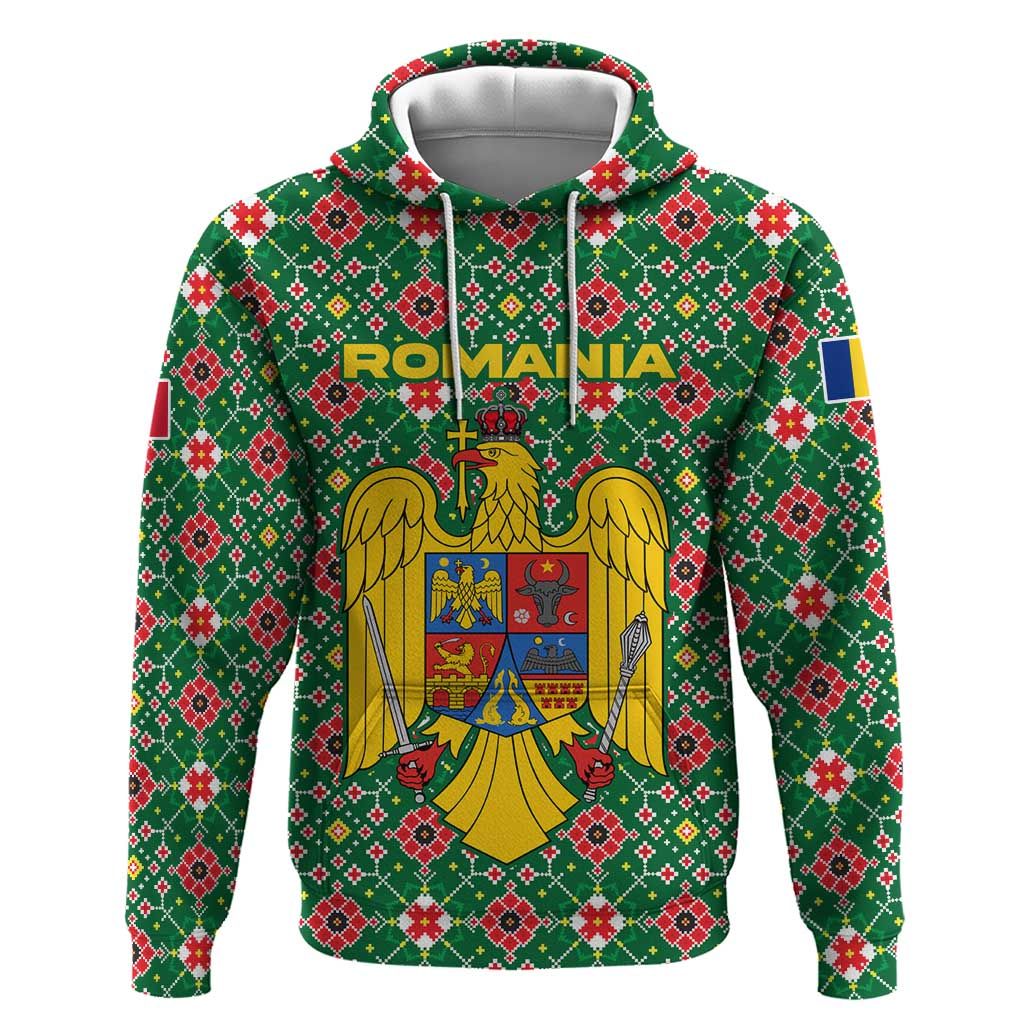 Romania Christmas Hoodie with Green and Red Pattern Golden Eagle and Santa Motif - Wonder Print Shop