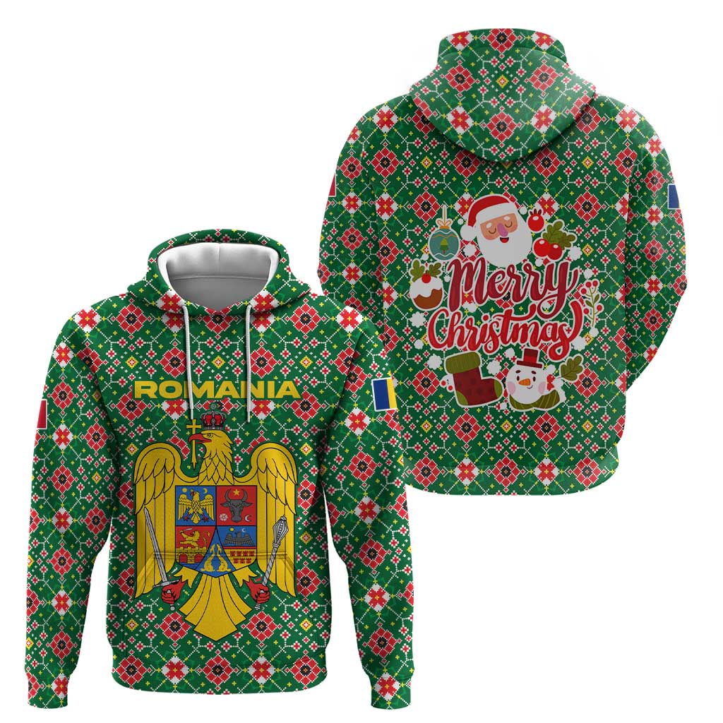 Romania Christmas Hoodie with Green and Red Pattern Golden Eagle and Santa Motif - Wonder Print Shop