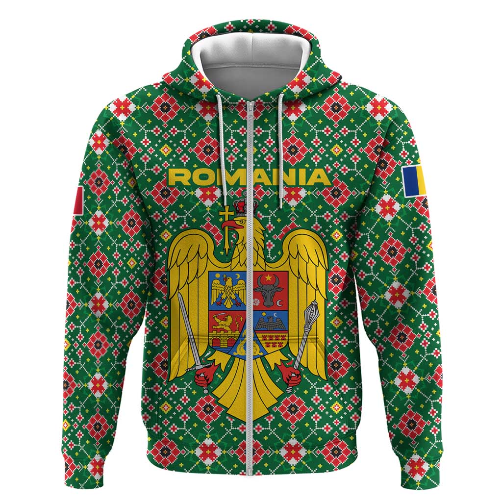 Romania Christmas Hoodie with Green and Red Pattern Golden Eagle and Santa Motif - Wonder Print Shop