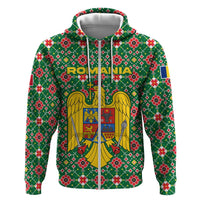 Romania Christmas Hoodie with Green and Red Pattern Golden Eagle and Santa Motif - Wonder Print Shop